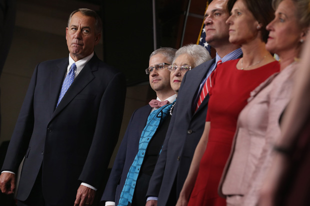 Speaker of the House John Boehner (R-OH), left, stands with the newly-elected members of the House GOP leadership team during a news conference Nov. 13 at the U.S. Capitol in Washington, DC.  