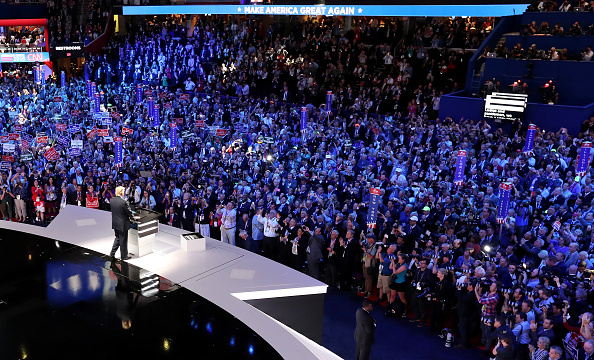 On July 18, the first day of the Republican National Convention in Cleveland, Ohio, presumptive Republican nominee Donald Trump speaks to the crowd.