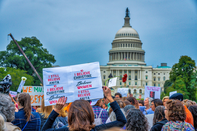 Protesters gather in front of the Capitol Building in Washington DC in opposition to Brett Kavanaugh's nomination to the Supreme Court. 