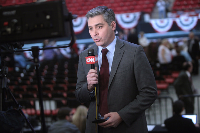 Jim Acosta speaking at a campaign rally for Donald Trump at the South Point Arena in Las Vegas, Nevada on Feb. 22, 2016. CNN, and Jim Aoctsa, himself, have been frequent targets of the president's attacks on the media.