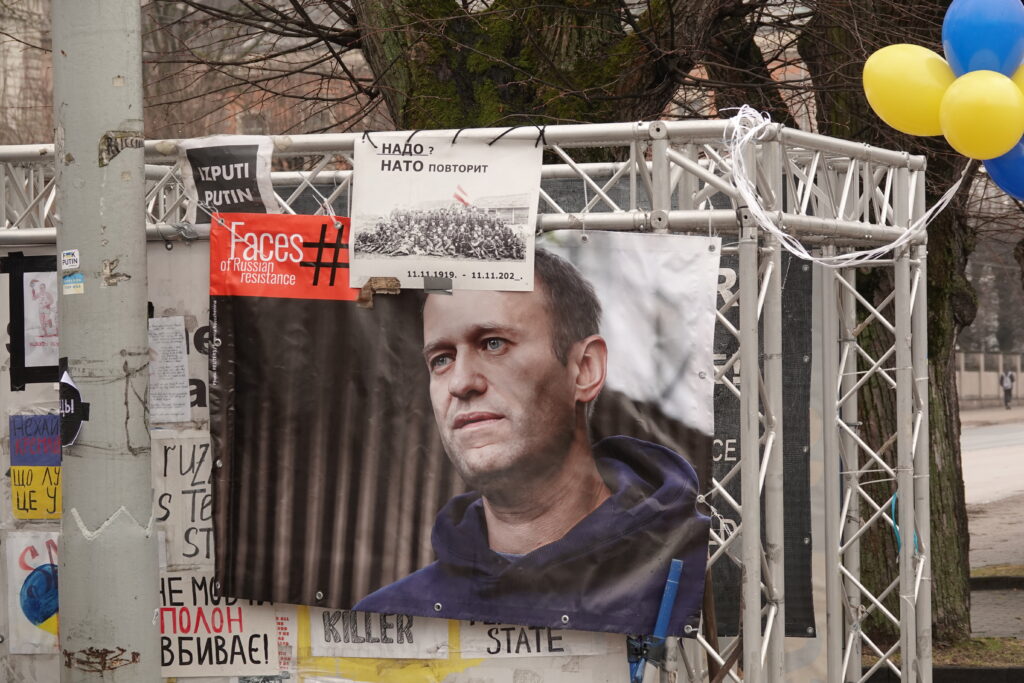 A memorial for Alexei Navalny in front of the Russian Embassy in Riga, Latvia.