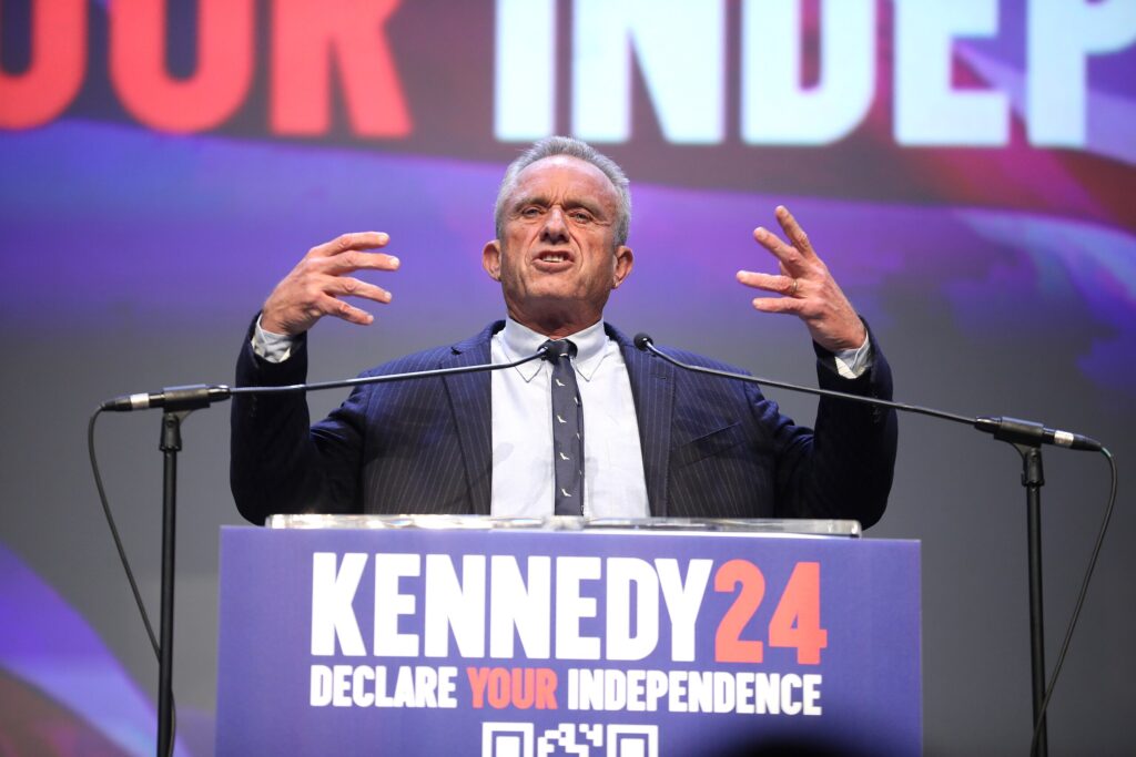 Robert F. Kennedy, Jr. speaking with supporters at a campaign rally at the Fox Tucson Theatre in Tucson, Arizona. He has been polling at about 10% in key battleground states throughout the country.