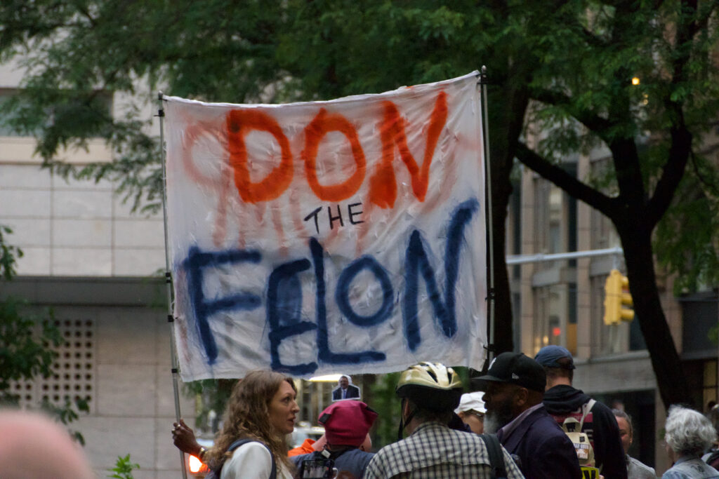 A sign outside the courthouse in New York on the day Donald Trump was convicted of falsifying business records in order to cover up a crime.