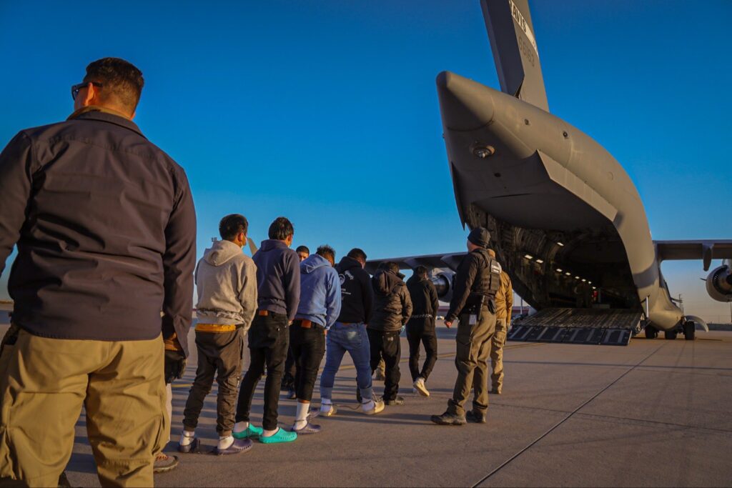 An image shared by Karoline Leavitt on social media platform X on 24 January 2025. The accompanying text to the image reads: "Deportation flights have begun. President Trump is sending a strong and clear message to the entire world: if you illegally enter the United States of America, you will face severe consequences." The White House has acknowledged that at least one of the men was mistakenly deported.