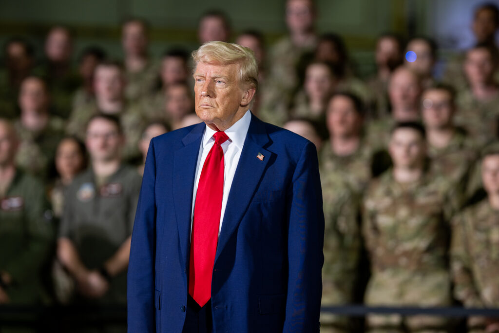 President Donald Trump delivers a speech at Selfridge Air National Guard Base in Harrison Township, Michigan, Tuesday, April 29, 2025.