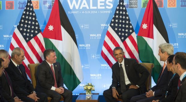 US President Barack Obama (4th R) meets with Jordan's King Abdullah II (4th L) during a meeting on the first day of the NATO 2014 summit at the Celtic Manor Hotel in Newport, South Wales, on September 4, 2014. The NATO summit billed as the most important since the Cold War got underway with calls to stand up to Russia over Ukraine and confront Islamic State extremists.  